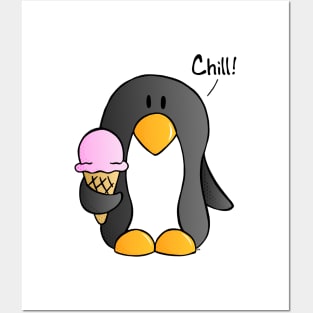 Chill! - Penguin with Strawberry Ice Cream Posters and Art